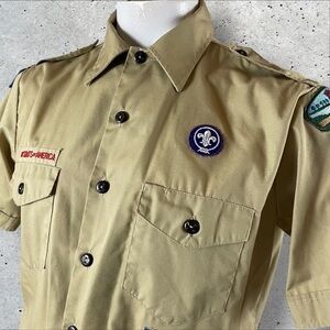 Vintage Boy Scout Shirt Youth 2XL Tan Button Down Iowa Patches Made In USA 305